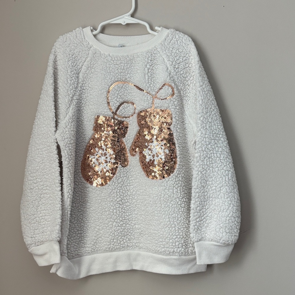 Cozy White Fleece Kids Sweater with Gold Mittens